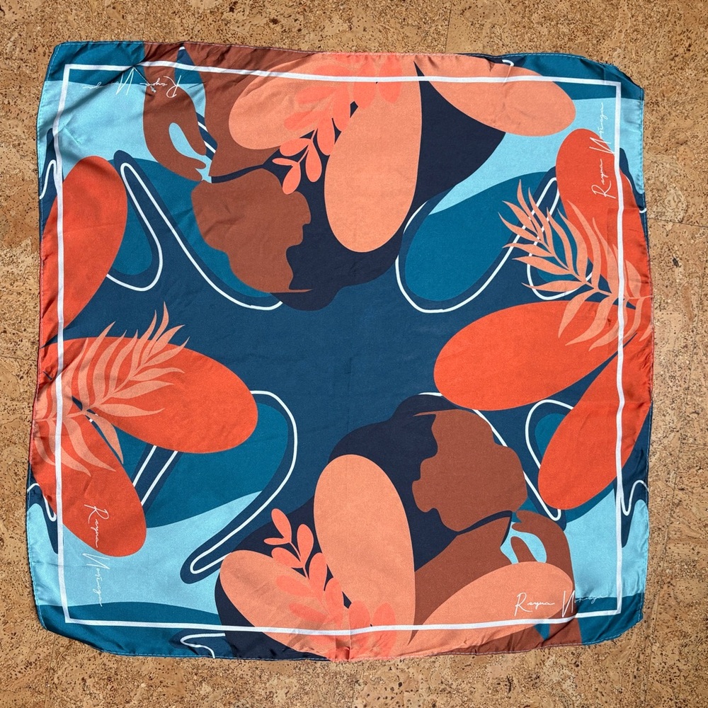 Reyna Noriega x Goody Ouchless Satin Floral Teal and Orange Square Scarf - Picture 6 of 10